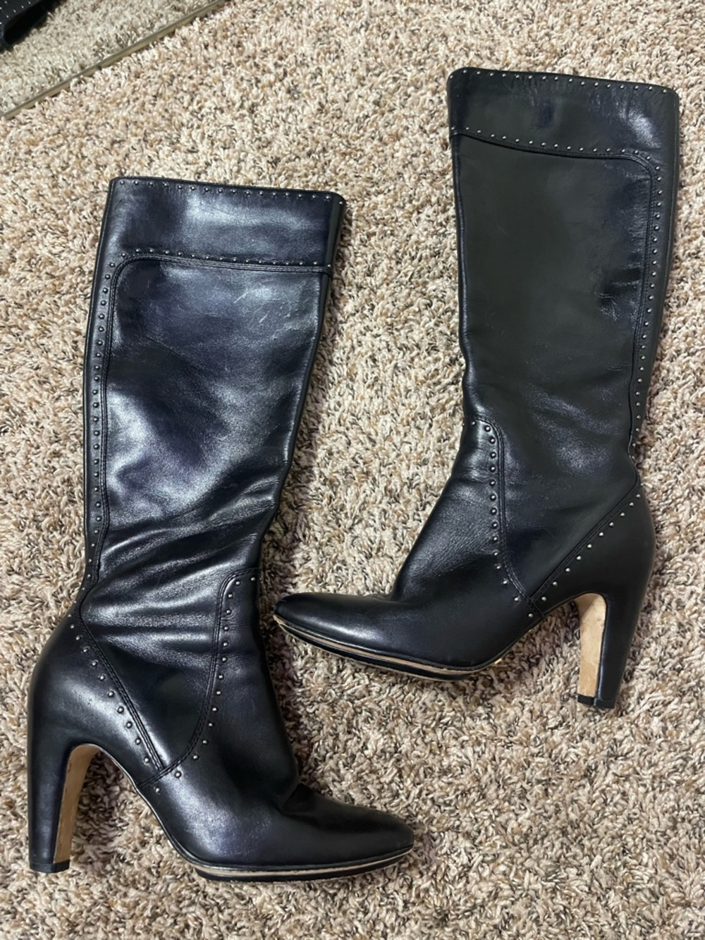 Cole Haan with Nike air technology Black Leather Mid-Calf Studded Heeled Boots